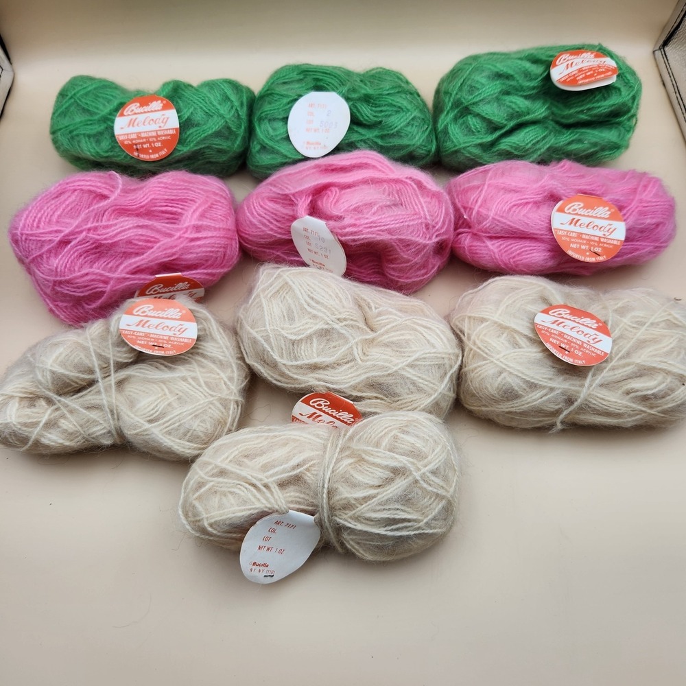 Bucilla Melody VTG Mohair Acrylic Brushed Yarn 1oz Skeins Lot 10 NOS Green Pink